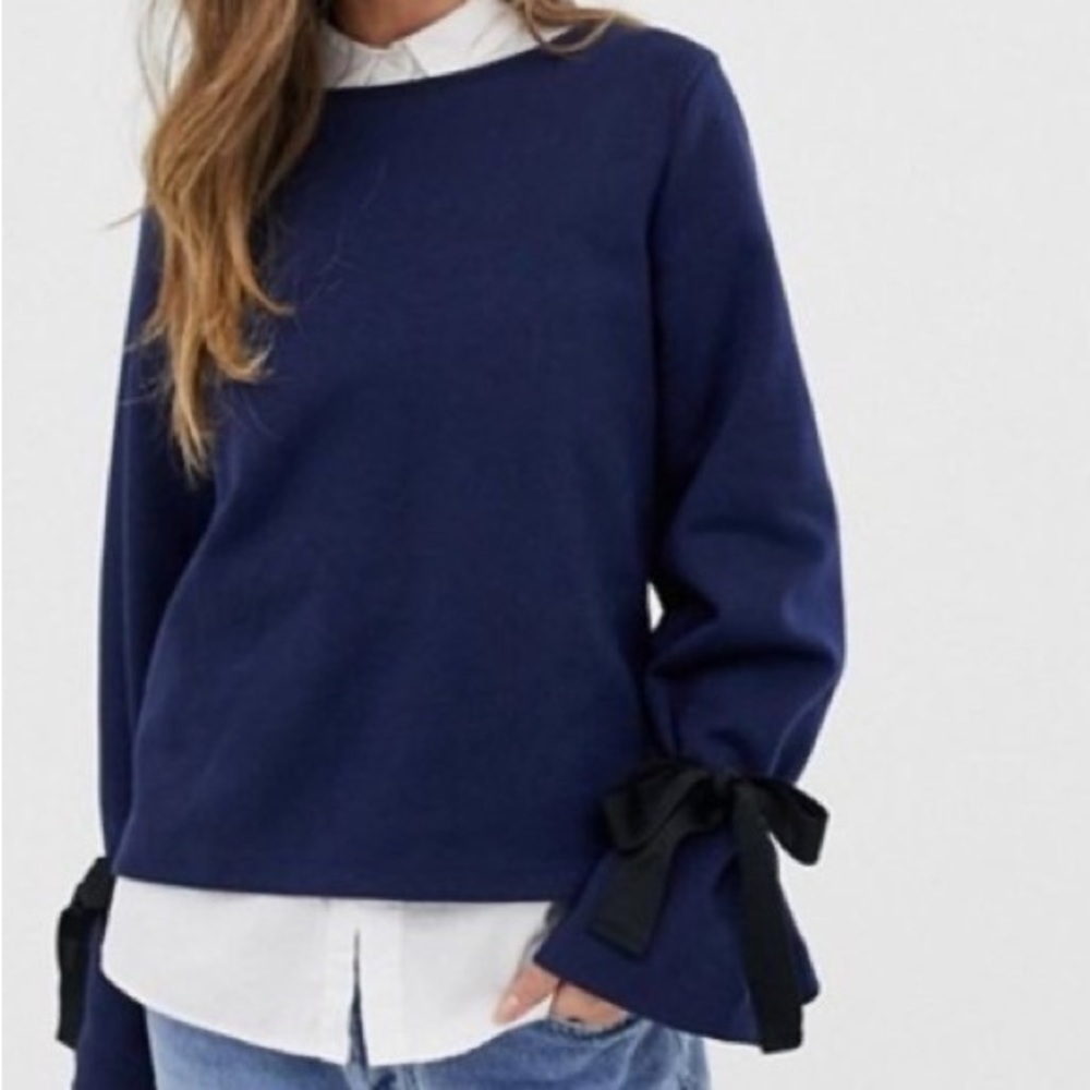 J Crew Navy Tie Bell Sleeve Sweatshirt Pull Over Crew Neck Wrist Bow XSmall